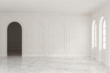 Fototapeta premium Modern luxury white wall room with archway door and marble stone floor with sunlight through windows