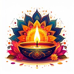 Indian festival happy diwali oil lamp or diya with mandala style vector illustration on white background