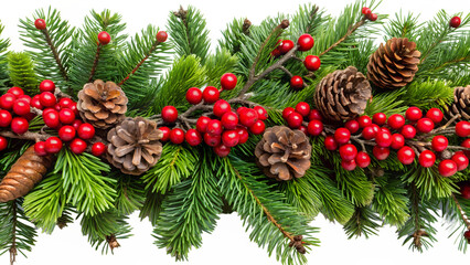 A festive christmas garland border made of fresh evergreen branches, red berries, and natural pinecones, perfect for holiday decorating isolated on transparent background