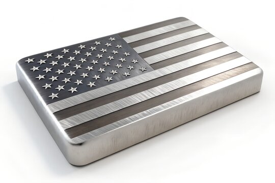 Close up of a rectangular metal object with the american flag etched onto its surface isolated on a white background representing patriotism and national pride