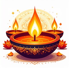 Indian festival happy diwali oil lamp or diya with mandala style vector illustration on white background
