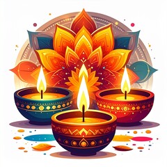 Group of happy diwali oil lamps or diya vector illustration on white background
