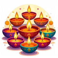 Group of happy diwali oil lamps or diya vector illustration on white background