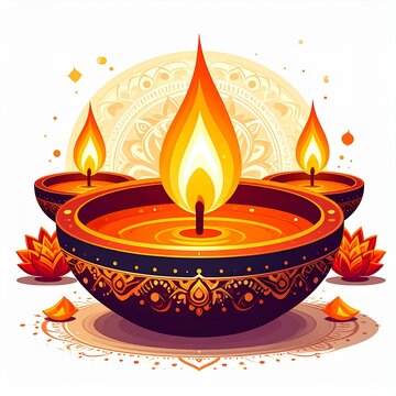 Indian festival happy diwali oil lamp or diya with mandala style vector illustration on white background