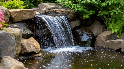 A small waterfall gracefully flows between mossy rocks into a clear pond, surrounded by lush green plants and colorful flowers in a peaceful garden
