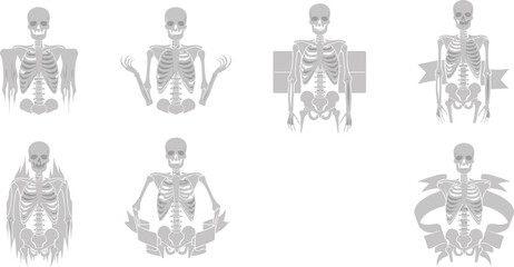 Skeleton vector set, black silhouette icons, spooky ribbon graphics, Halloween theme, eerie poses, horror design, festive stock illustration