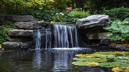 A tranquil waterfall cascades over stone steps into a serene pond, surrounded by lush green plants and lily pads in a peaceful garden setting