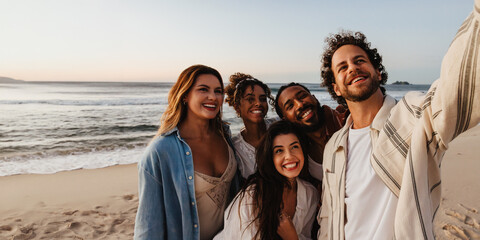 Group of smiling friends taking a selfie together on the beach