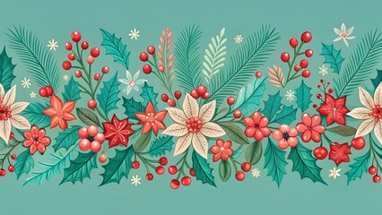 Obraz premium Seamless watercolor border with poinsettias, holly berries, pine needles, and snowflakes