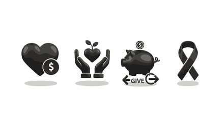 Collection of icons representing charity, donation, giving, financial support, and awareness campaigns