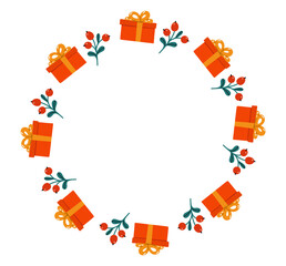 Round frame with Christmas gifts and branches 