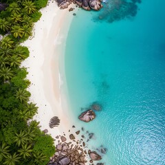 Idyllic Tropical Beach Paradise with Turquoise Water and Lush Vegetation.