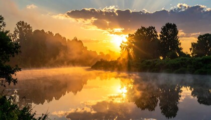 A misty morning sunrise over a river with a golden glow