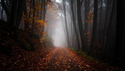 Fototapeta premium A misty path winds through a dense forest with autumn leaves