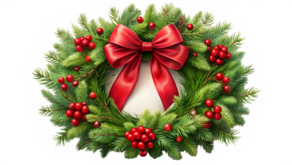 A beautiful green christmas wreath adorned with a large red satin bow and clusters of bright red berries, isolated on transparent background