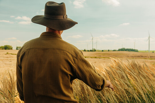 Farmer sitting in wheat field during summer harvest with wind turbines