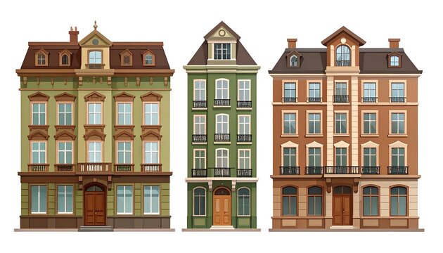 Vector illustration of three colorful, classical European building facades