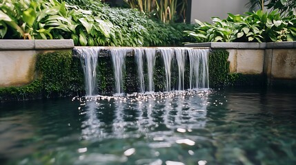 A small waterfall cascades into a pool surrounded by lush greenery, creating a peaceful and serene oasis in a garden setting
