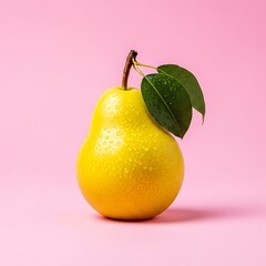 Fresh Yellow Pear with Green Leaves on Pink Background.