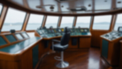 Blurred background of the ship's driver's room where the ship's captains run their ships, many buttons are visible in the wheelhouse.