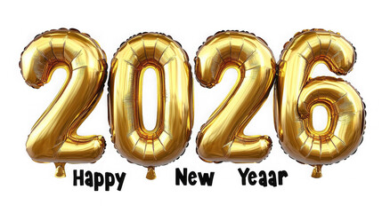 Golden foil balloons spelling out the year two thousand and twenty six  on transparent background