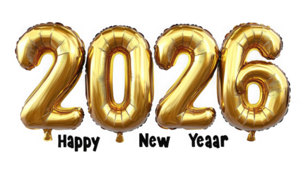 Golden foil balloons spelling out the year two thousand and twenty six  on transparent background