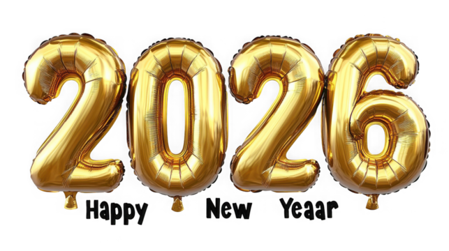 Golden foil balloons spelling out the year two thousand and twenty six  on transparent background