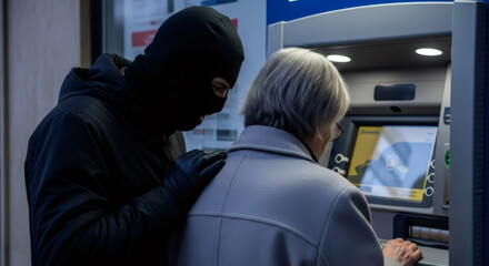 Fraudster in a black mask standing behind a woman civilian at an ATM. Elder data theft or scam at cash machine crime concept.
