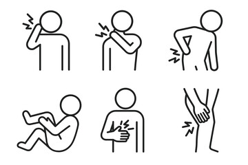 Outline illustrations of people with body pain and discomfort in various areas