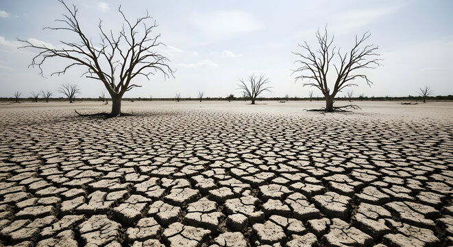 Arid Landscape Cracked Earth and Barren Trees Under a Sunny Sky Depicting Climate Change