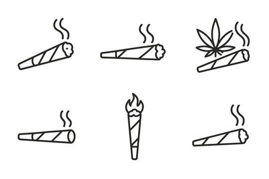 Collection of cannabis joint icons with leaf and flame variations