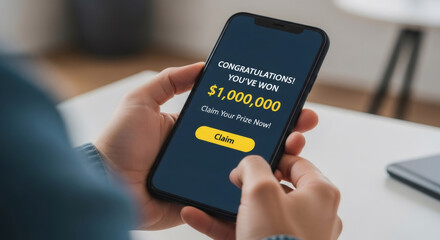 Woman holding smartphone with fake lottery win message. Online scam and fraudulent notification. Digital phishing attempt via mobile phone.