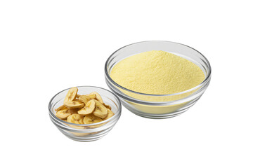 Healthy banana powder and chips in glass bowls for delicious snacks and ingredients