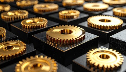 Array of golden gears atop black cubes