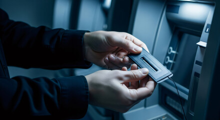 Man attaching data skimmer to ATM. Card fraud, identity theft, and personal information scam. Digital security risk concept.