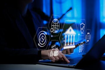 Digital banking and financial technology concept. Person using laptop with icon representing...