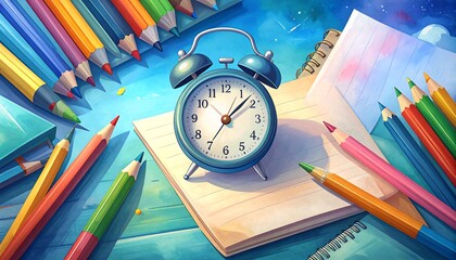 Colorful pencils frame a blue alarm clock resting on a blank notepad, set against a watercolor-style background