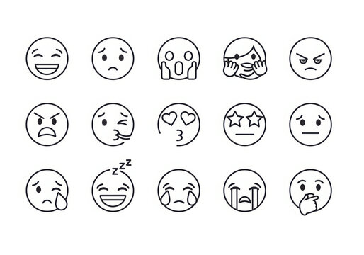 Collection of hand drawn emoji faces expressing various emotions and feelings - Powered by Adobe