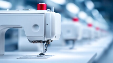 Close-up view of sewing machines lined up in a contemporary workshop. Bright colors and sleek designs highlight the importance of craftsmanship in fabric creation