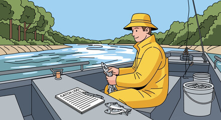 Fisherman logging his daily catch in his boat on a tranquil river scene