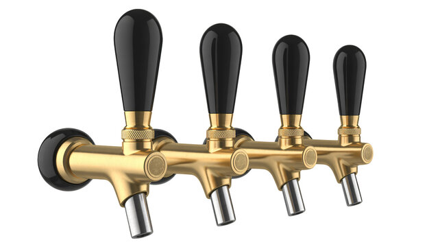 Craft beer tap system for bar or pub, gold finish with black handles, professional