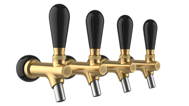 Craft beer tap system for bar or pub, gold finish with black handles, professional