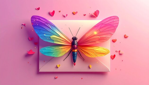 Vivid butterfly with colorful wings rests on an envelope scattered with tiny red hearts