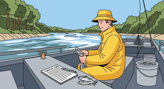 Fisherman logging his daily catch in his boat on a tranquil river scene