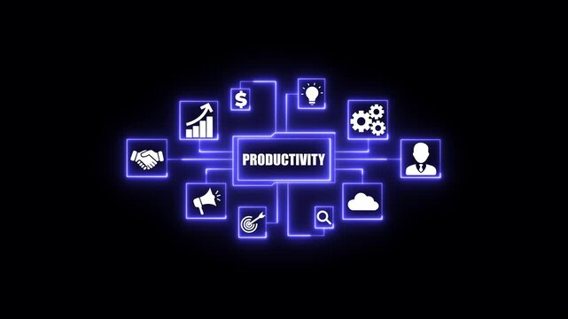 Productivity concept diagram with glowing blue icons for business growth finance ideas teamwork. Business, Technology, Internet and network concept.