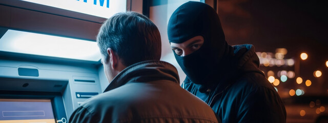 Man in ski mask peeking behind another man using an ATM. Digital security concept for identity theft and financial fraud.