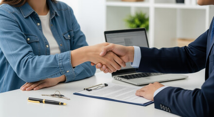 Business agreement finalized with handshake between professional man and woman in office setting, contract and laptop on desk