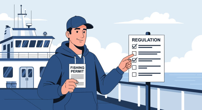 Fisherman checks regulation rules with the fishing permit and a boat in the background