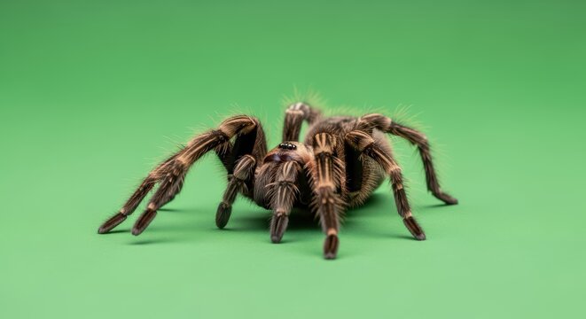 Tarantula Spider Close Up Macro Shot Against Solid Green Background 