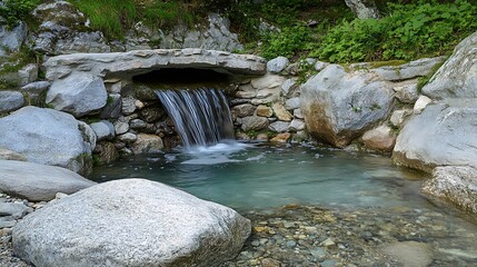 A small waterfall cascades into a clear pool surrounded by rocks and lush greenery, creating a serene and tranquil natural scene